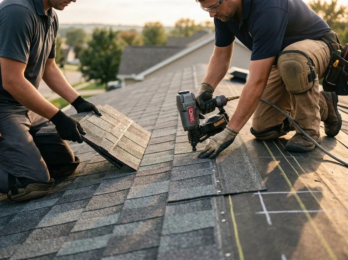 Professional roofer working on a residential roof in Wyoming